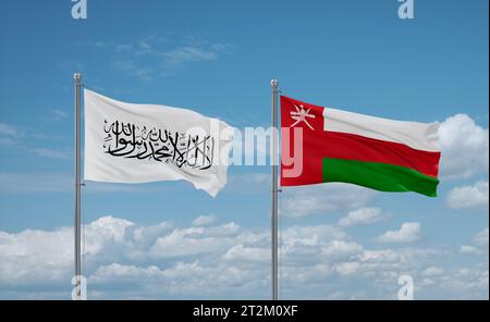 Oman et Afghanistan drapeaux agitant ensemble dans le vent sur un ciel nuageux bleu, concept de relation entre deux pays Banque D'Images