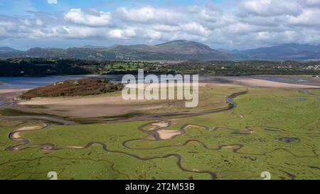 Vue aérienne, rivière et affluents Afon Dwyryd, Minffordd, pays de Galles, Grande-Bretagne Banque D'Images