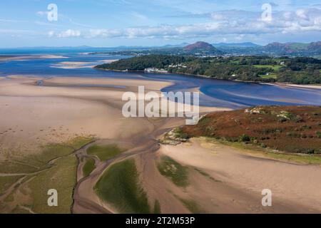 Vue aérienne, rivière et affluents Afon Dwyryd, Minffordd, pays de Galles, Grande-Bretagne Banque D'Images