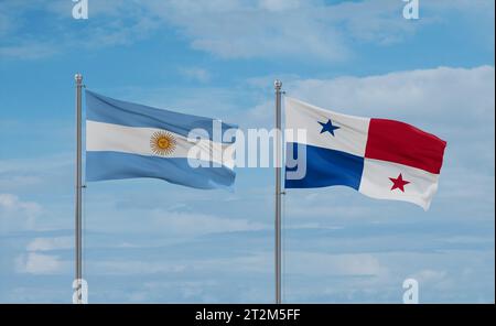 Drapeaux du Panama et de l'Argentine agitant ensemble sur un ciel nuageux bleu, concept de relation entre deux pays Banque D'Images