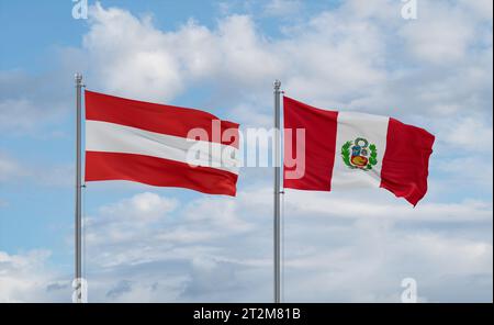 Drapeaux du Pérou et de l'Autriche agitant ensemble dans le vent sur ciel nuageux bleu, concept de relation de deux pays Banque D'Images