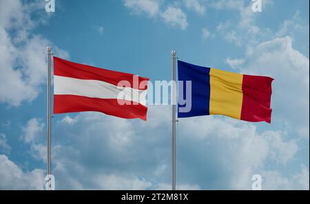 Drapeaux de la Roumanie et de l'Autriche agitant ensemble dans le vent sur ciel nuageux bleu, concept de relation de deux pays Banque D'Images