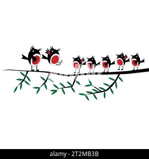 Les oiseaux sautent sur une branche d'arbre. Illustration de Vecteur