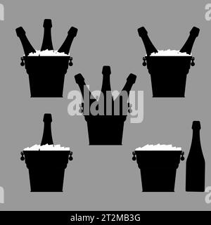 Bouteilles de champagne dans un seau en métal avec de la glace. Silhouette noire. Illustration vectorielle. Set, icônes de collection. Illustration de Vecteur