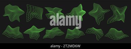 Grilles cyber déformées, ensemble d'éléments de design punk rétro. Maillage de géométrie d'onde filaire sur fond noir. Illustration vectorielle. Illustration de Vecteur