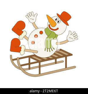 Bonhomme de neige sur un traîneau. Illustration de Noël dans le style groovy rétro, pour cartes, affiches, papier d'emballage, bannières, dépliants. Vecteur. Illustration de Vecteur