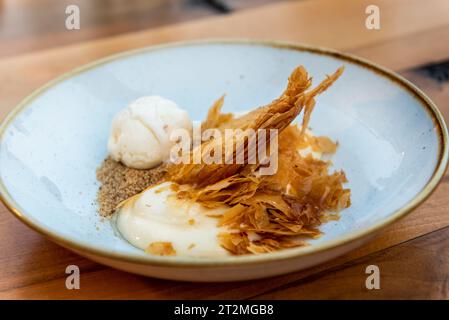 Délicieuse pâtisserie grecque sucrée et croustillante nommée Galaktoboureko Banque D'Images