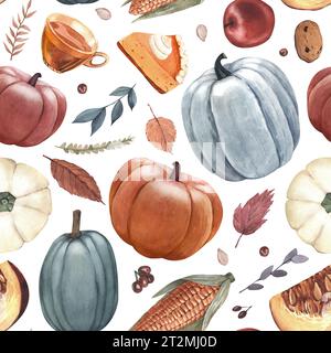 Citrouilles à motif aquarelle, tarte à la citrouille, feuilles d'automne, pomme et objets du jour de Thanksgiving. Illustration dessinée à la main isolée sur fond blanc Banque D'Images