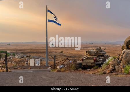 Hauteurs du Golan, Israël - 08-13-2023, Mémorial de la bataille de tel Saki, hauteurs du Golan, Israël ; vue vers la Syrie. Au début de 1973 Yom Kippour Guerre, Israël outnumbe Banque D'Images