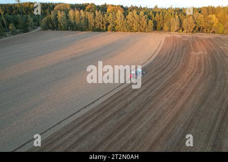 Agriculteur avec tracteur ensemençant-semant des cultures dans un champ agricole. Plantes, blé.sol desserrant dans un champ avec des cultures agricoles, tir aérien. Le trac Banque D'Images