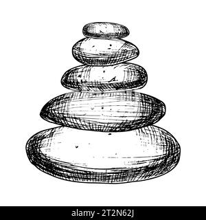 Pyramide de pierres d'équilibrage pour le zen ou le yoga. Illustration linéaire vectorielle dessinée à la main en noir et blanc. Gravure monochrome pour la méditation ou la spiritualité dans le style de contour. Esquisse gravée. Illustration de Vecteur