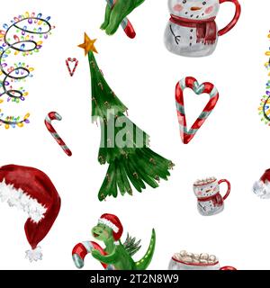Motif aquarelle d'un dragon mignon de dessin animé avec des bonbons de Noël, des lumières, étoile, yokakao avec des guimauves dans une tasse de bonhomme de neige. impression de 2024 symboles pour env Banque D'Images
