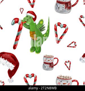Motif aquarelle avec dragon mignon dans le chapeau de père Noël rouge avec des bonbons de Noël, tarte, étoile, cacao avec des guimauves dans la tasse de bonhomme de neige, étoile de Noël. Symbole Banque D'Images