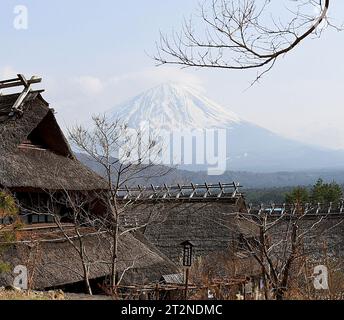 Mont Fuji avec maisons traditionnelles Banque D'Images