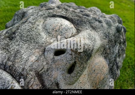 Une sculpture en béton de la tête d'un homme d'apparence romaine repose dans l'herbe à l'extérieur de la galerie amérindienne du Fruitlands Museum – Harvard, Massachu Banque D'Images