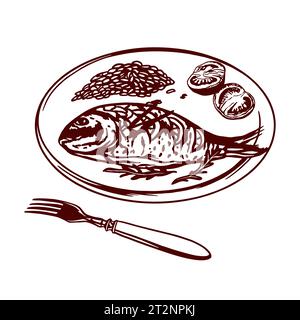 Poisson, riz, tomates sur une assiette, fourchette. Illustration vectorielle de la nourriture dans le style graphique. Menus de restaurants, cafés, étiquettes alimentaires, couvertures, cartes. Illustration de Vecteur