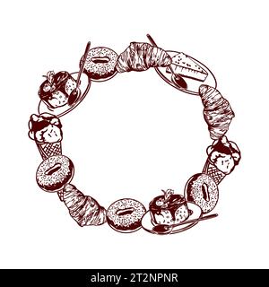 Cadre rond fait de pâtisseries sucrées. Illustration vectorielle de la nourriture dans le style graphique. Menus de restaurants, cafés, snack-bars, étiquettes alimentaires, couvertures. Illustration de Vecteur