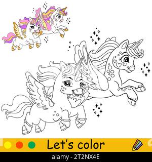 Deux licornes volantes mignonnes de dessin animé. Page de livre de coloriage pour enfants. Caractère licorne. Contour noir sur fond blanc. Illustration isolée vectorielle avec col Illustration de Vecteur