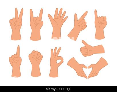 Jeu de mains montrant différents gestes pour l'illustration du concept de langage de signal Illustration de Vecteur