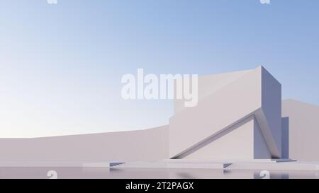 Design d'architecture futuriste abstraite forme de cube transparent, avec fond de coucher de soleil. Rendu d'illustration 3D. Banque D'Images
