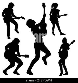silhouette de performance de musique masculine et féminine de joueur de guitare Illustration de Vecteur