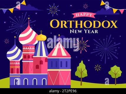 Bonne illustration vectorielle orthodoxe du nouvel an le 14 janvier avec église et feux d'artifice pour affiche ou bannière dans la conception de fond de dessin animé plat Illustration de Vecteur