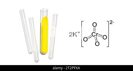 Poudre de chromate de potassium dans un tube à essai avec structure moléculaire. Banque D'Images