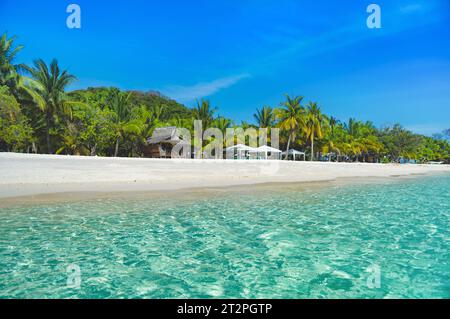 Tentes, belvédères, bungalows et cocotiers sur l'île de Malkapuya dans la baie de Coron. La province de Palawan. BUSUANGA. Philippines. Banque D'Images