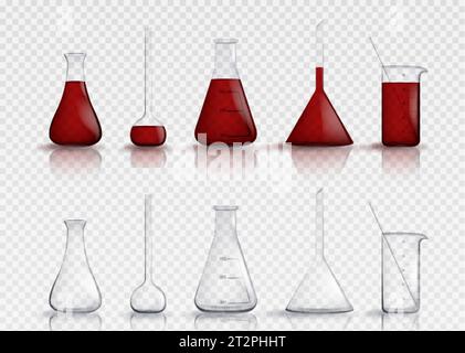 Verrerie de laboratoire chimique isolée sur fond transparent. Vector illustration réaliste de flacons vides, récipients gradués avec du liquide rouge Illustration de Vecteur