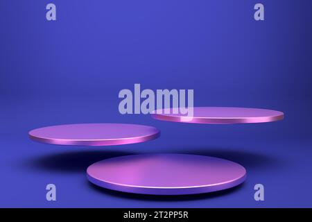 Trois cylindres ronds lévitant des podiums violets sur fond violet. Modèle de maquette pour l'affichage de produits ou la présentation publicitaire. Rendu 3D. Banque D'Images