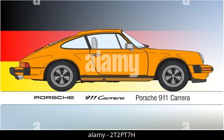 Allemagne, année 1974, Porsche 911 Carrera, voiture de collection, illustration orange sur le drapeau allemand Banque D'Images