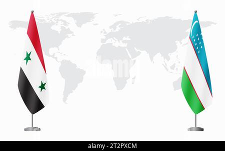 Drapeaux de Syrie et d'Ouzbékistan pour la réunion officielle sur fond de carte du monde. Illustration de Vecteur