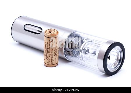 Nanam Battery Wine Cork Remover sur fond blanc Banque D'Images