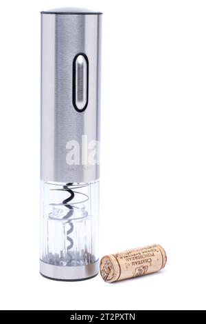 Nanam Battery Wine Cork Remover sur fond blanc Banque D'Images