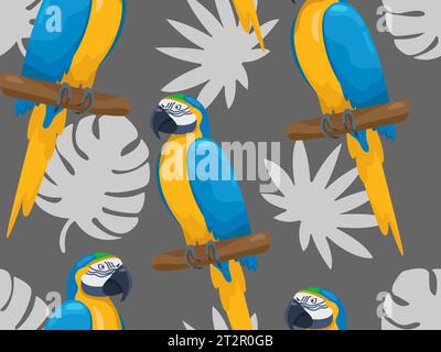 Motif sans couture d'aras tropicaux lumineux. Impression vectorielle avec des perroquets ara drôles de dessin animé assis sur des branches avec des feuilles de palmier sur un fond sombre. Plat Illustration de Vecteur