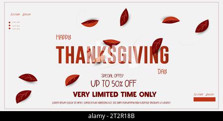 Modèle d'affiche de réduction de vente de Joyeux Thanksgiving Day avec illustration vectorielle de conception de feuille d'automne. Illustration de Vecteur