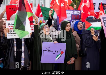 19 octobre 2023 : Gaziantep, Turkiye. 20 octobre 2023. Les étudiants de l'université manifestent en solidarité avec Gaza et les Palestiniens devant le syndicat étudiant de l'Université islamique des sciences et technologies de Gaziantep. Les participants ont hissé le drapeau palestinien ainsi que le drapeau turc, et ont condamné les hostilités israéliennes dans la bande de Gaza. Ils ont également appelé au boycott de Coca-Cola, McDonald's et Starbucks en raison de leur soutien à Israël. Le professeur Åžehmus Demir, recteur de l'Université islamique des sciences et technologies de Gaziantep, s'est joint à la manifestation organisée par Stud Banque D'Images