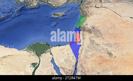 Une carte satellite 3D qui met en évidence le Liban en vert, les Territoires palestiniens (Gaza et Cisjordanie) en rouge et Israël en bleu. Pas de texte. Banque D'Images