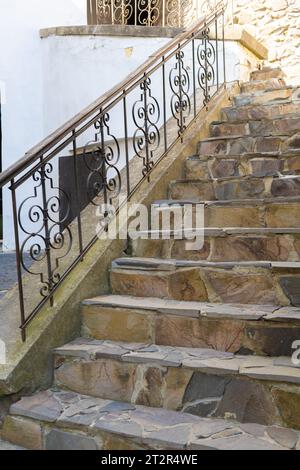 Escaliers bruns avec balustrades en fer à motifs noirs. Chemin jusqu'à l'ancien bâtiment en pierre sur la journée ensoleillée. Élément d'architecture extérieure. Photo verticale. Photo de haute qualité Banque D'Images