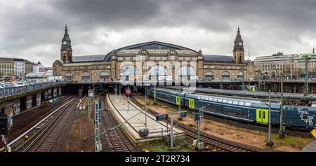 Hambourg, Allemagne février 21 2020 : vue panoramique depuis le pont Ernst-Merck-Brücke jusqu'à la gare centrale de Hambourg. Trains sur les quais sur le fond de t Banque D'Images