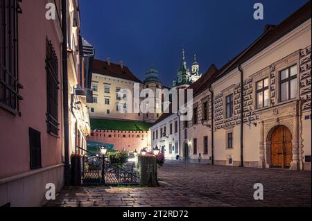 Rue étroite avec vue sur le château de Wawel la nuit à Cracovie, Pologne Banque D'Images