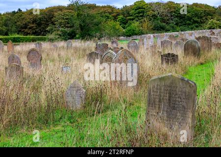 Rangées de pierres tombales dans le cimetière envahi à St Nicholas, Blakeney Parish Church, Norfolk, Angleterre, Royaume-Uni Banque D'Images