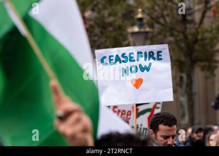 Westminster, Londres, Royaume-Uni. 21 octobre 2023. Une manifestation est en cours contre l'escalade de l'action militaire à Gaza alors que le conflit entre Israël et le Hamas se poursuit. Organisé par des groupes tels que Palestine Solidarity Campaign et Stop the War Coalition, intitulé « Marche nationale pour la Palestine » et avec des appels à « libérer la Palestine », « mettre fin à la violence » et « mettre fin à l’apartheid ». Plaque de cessez-le-feu Banque D'Images