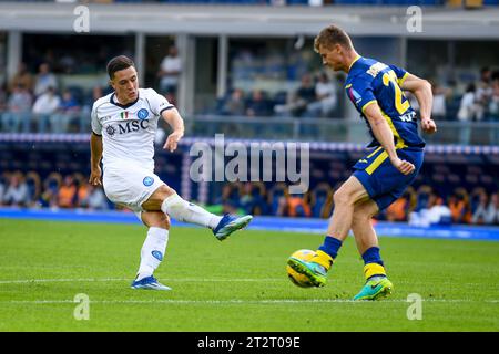 Giacomo Raspadori de Naples en action entravé par Pawel Dawidowicz de Vérone lors du Hellas Verona FC vs SSC Napoli, match de football italien Serie A à Vérone, Italie, octobre 21 2023 Banque D'Images