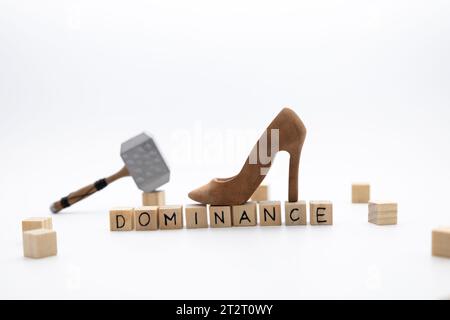 Les cubes en bois avec le mot DOMINANCE sur fond blanc avec marteau et chaussures en bois de mode est debout sur des cubes Banque D'Images