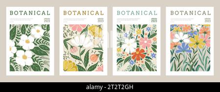 Affiches de fleurs. Motif floral abstrait, graphique d'art mural de la nature moderne, peinture pastel vintage. Différents éléments botaniques dessinés à la main. Contemporar Illustration de Vecteur