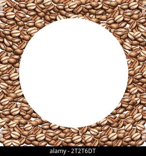 grains de café aquarelle avec cercle blanc, cadre rond avec thème de café, illustration dessinée à la main de graines de café brun isolé sur fond blanc, Banque D'Images