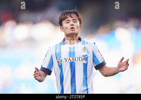 Takefusa Kubo de Real Sociedad réagit lors du match de LaLiga EA Sports entre Real Sociedad et RCD Mallorca au Reale Arena le 21 octobre 2023, à San Sebastian, Espagne. Banque D'Images