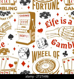 Jeu, modèle de casino sans couture avec roue de la fortune, deux dés et main squelette tenant la silhouette du dollar. Vecteur. Concept pour modèle de casino Illustration de Vecteur