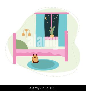 Chambre confortable avec un lit rose, une fenêtre et un chat. Intérieur de la pièce. Illustration vectorielle plate Illustration de Vecteur